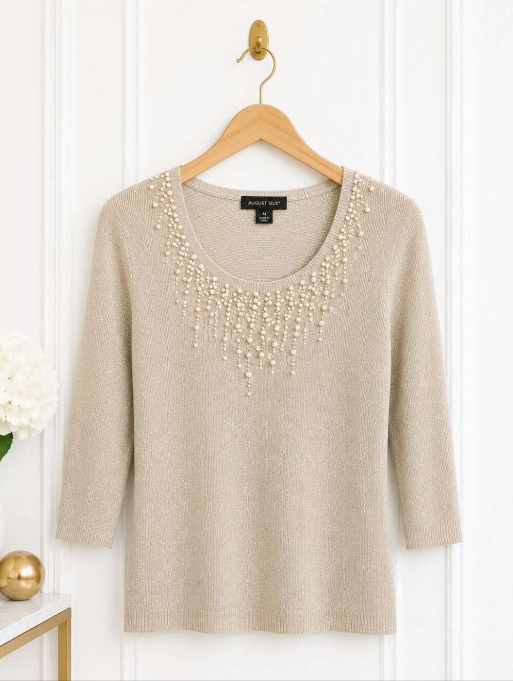 August Silk | Beige Shimmer Knit Top  Pearl Embellished 3/4 Sleeve Size: M - Picture 5 of 8
